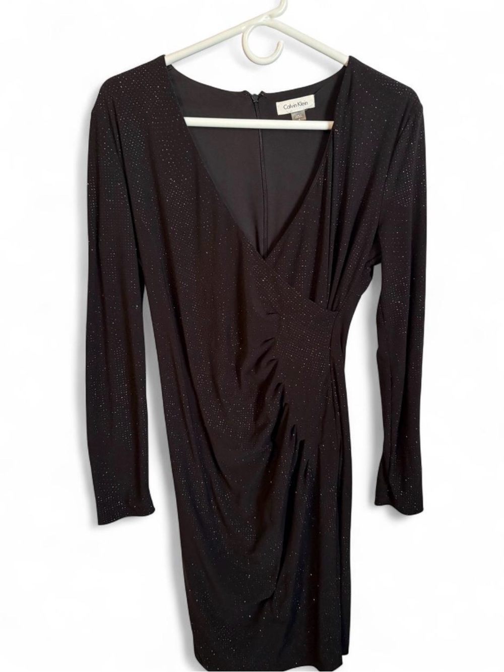 Calvin Klein Black Glitter Faux Wrap Dress Size 4 Ruched Long Sleeve Shimmer